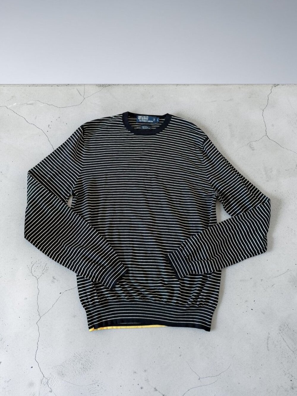 POLO RALPH LAUREN Men’s Navy White Striped Silk Blend Long Sleeve Top Sz L